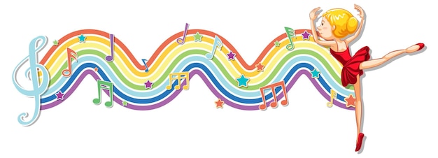 Ballerina with melody symbols on rainbow wave