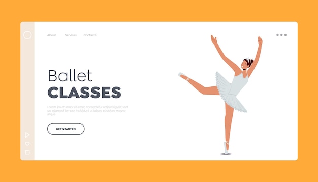 Ballet Classes Landing Page Template Ballerina Jumping in White Silk Dress and Pointe Shoes Modern Ballet Dancer