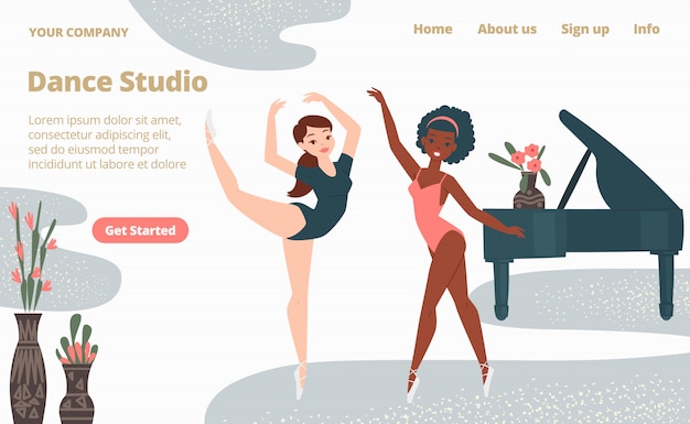 Ballet school dance studio landing web page, concept banner website template cartoon  illustration. Website page banner.