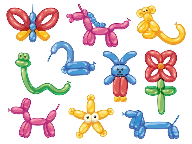 Vector balloon animals cartoon helium rubber dog butterfly horse monkey snake cute bubble decoration for child birthday party celebration vector isolated set