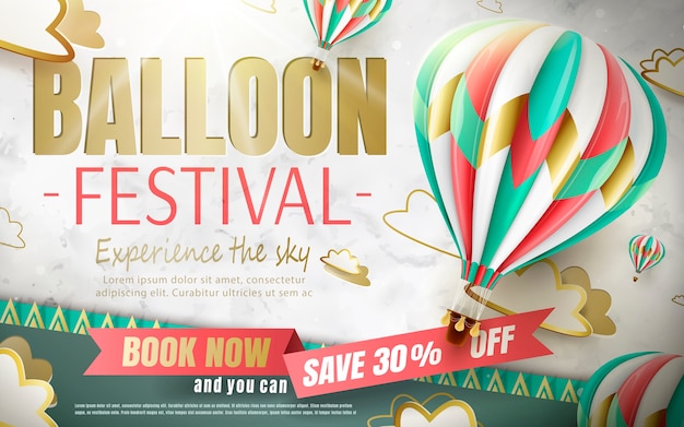 Balloon festival ads, hot air balloon tour for travel agency and website in  illustration, lovely hot air balloon  on paper cut background