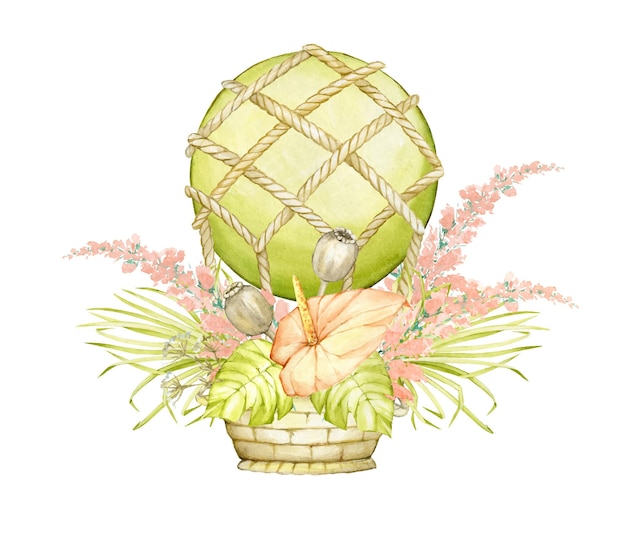 A balloon with a wicker basket decorated with calla flowers tropical leaves poppies and dry branches Watercolor concept