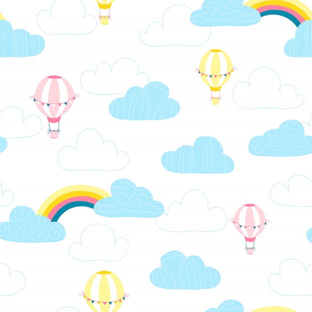 Balloons in the clouds. Baby vector seamless pattern in simple hand-drawing style.