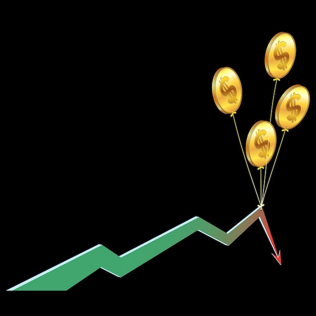 Balloons in form of golden American dollars coins hold falling chart arrow isolated on black background