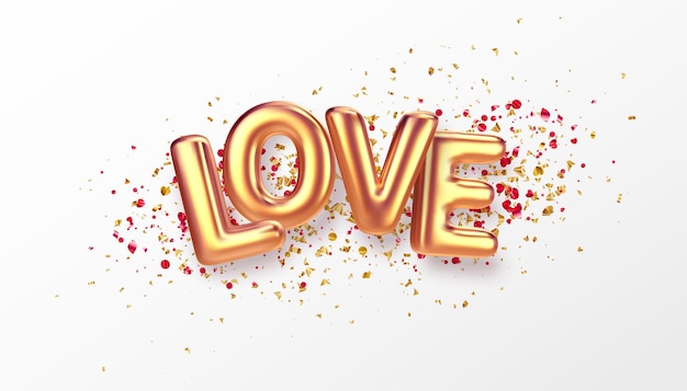 Balloons inscription Love on the background of the color gold glitter confetti. Isolated on white background. Vector illustration