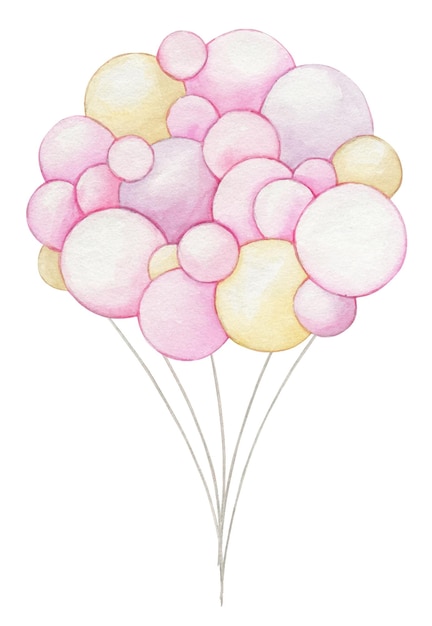 Balloons pink color Watercolor clipart in cartoon style on an isolated background