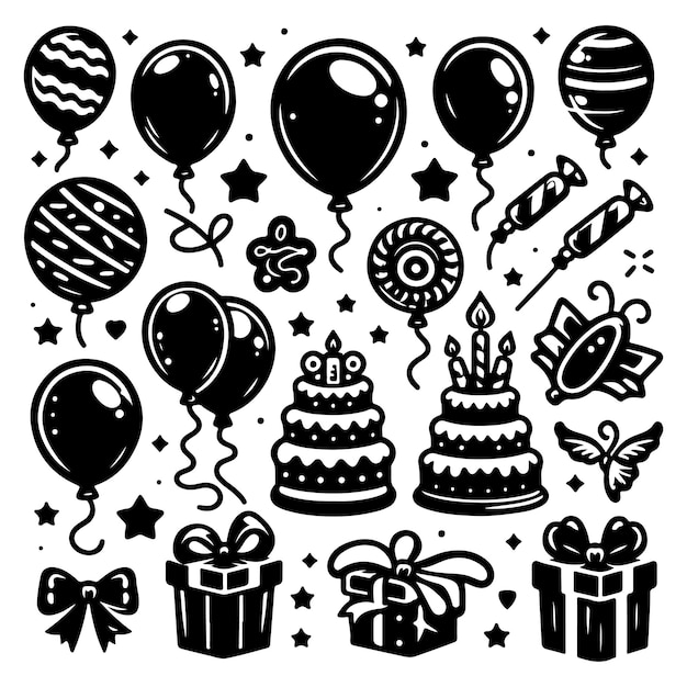 Balloons Set Cartoon Flat Black Style Isolated on White Vector stock illustration