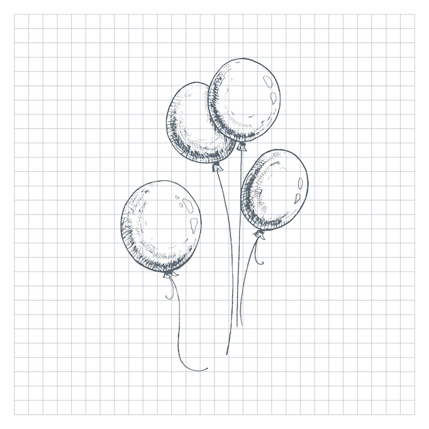 Balloons sketch. Hand-drawn balloons, on checkered background. Vector illustration.