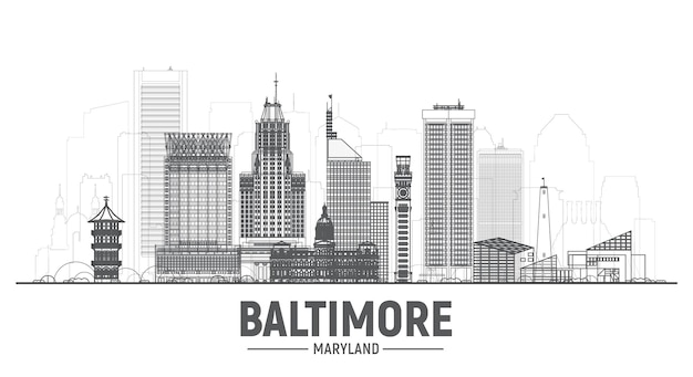 Baltimore Maryland line skyline with silhouette at white background Vector Illustration Business travel and tourism concept with modern buildings