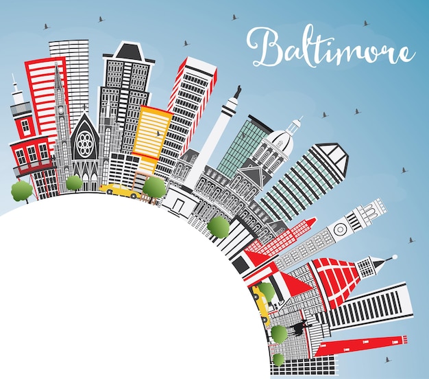 Baltimore Maryland USA City Skyline with Gray Buildings, Blue Sky and Copy Space. Vector Illustration. Business Travel and Tourism Concept with Modern Architecture. Baltimore Cityscape with Landmarks.