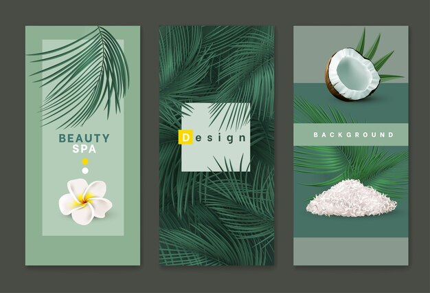 Bamboo coconut leaf background spa poster and flyer Salon voucher or brochure logo and copy space summer vertical banner template Cosmetic advertising 3d Isolated elements Vector design