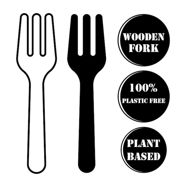 Bamboo fork icon. 'wooden fork', 'plastic free', and 'plant based' stikers.