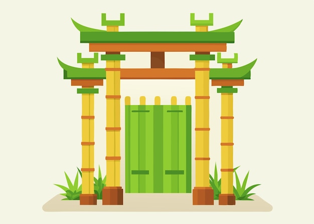 Vector bamboo gate flat illustration on white background