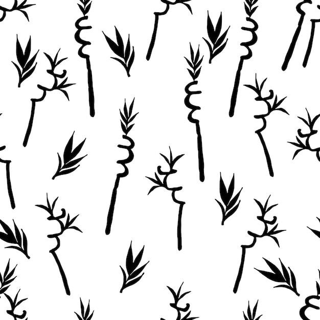 Bamboo leaves and branches Hand drawn seamless botany pattern Doodle style