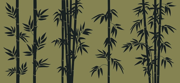 Bamboo stems Oriental jungle forest silhouettes bamboo branches with leaves flat vector illustration set Decorative bamboo shoots