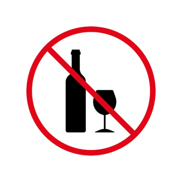 Ban Alcohol Black Silhouette Icon Drink Alcohol Forbidden Pictogram Wine Bottle and Glass Stop Sign