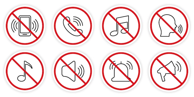 Ban Loud Sound Voice Black Line Ban Icon Set. Forbidden Noise Phone Loudspeaker Sound Outline Sign