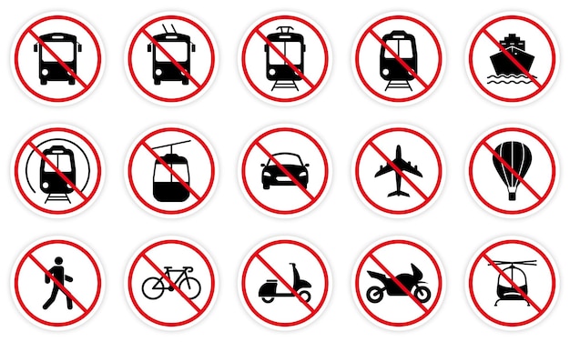 Ban Transport Black Silhouette Icon Set. Forbidden Vehicle Car, Train, Bicycle, Trolley, Shuttle Bus