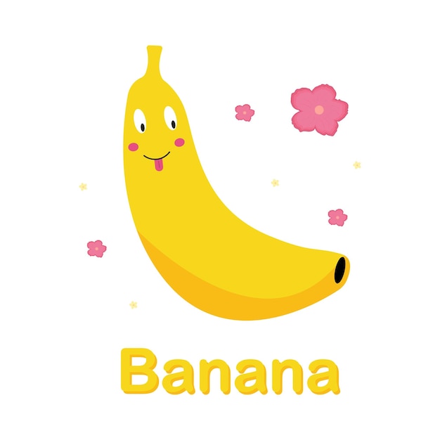 Banana card Banana with tropical flowers Vector graphics in cartoon style