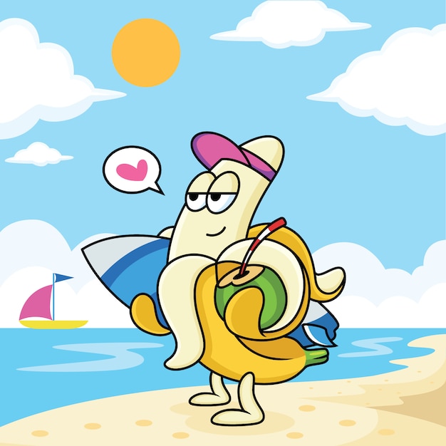 Banana cartoon is relaxing on the beach