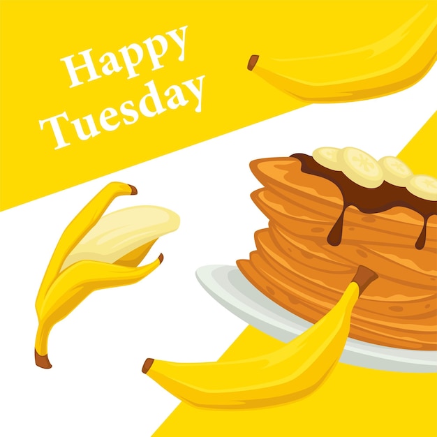 Banana dessert served on plate, pancakes with chocolate topping. Sweet dish with healthy exotic or tropical fruits. Promotional banner or poster, cafe or restaurant discounts. Vector in flat