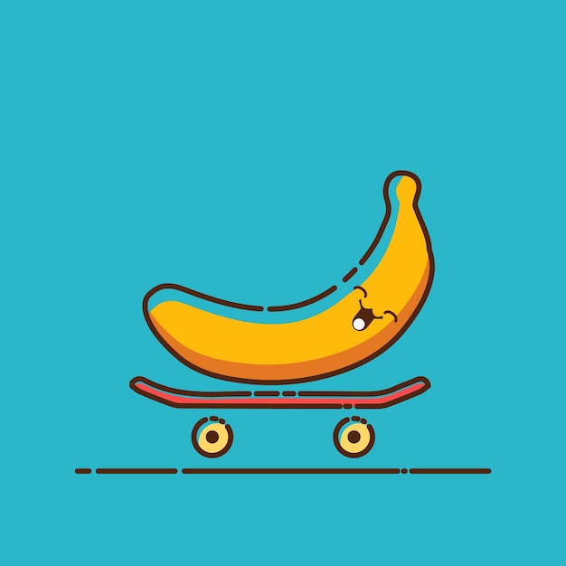 banana kawaii character playing skateboard