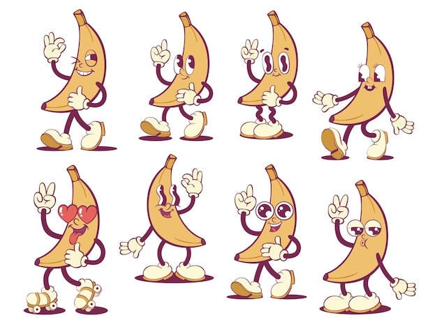 Vector banana retro groovy mascot characters set