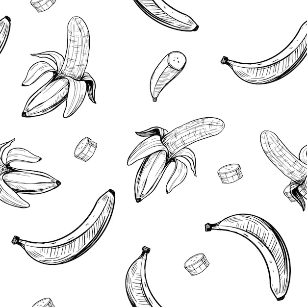 Banana seamless pattern black on transparent background sketch vector illustration