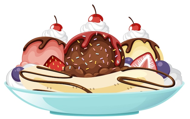 Banana split Ice cream sundae on white background