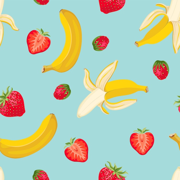 Banana and strawberry seamless pattern on blue