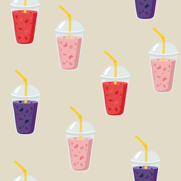 Banana and strawberry smoothie or cocktail Fresh summer drink Hand drawn seamless pattern on white background Detox and healthy life