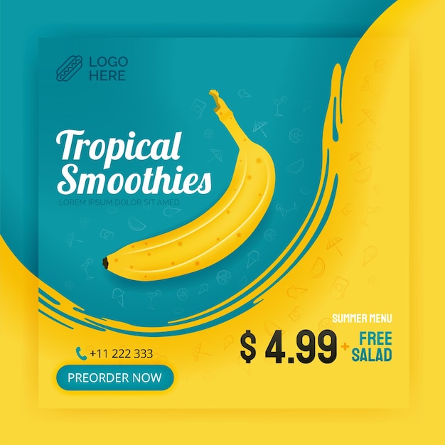 Banana tropical smoothies social media post Poster for food beverage business Can be used for brochure online media flyer card wall advertisement poster media promotion apps ads billboard