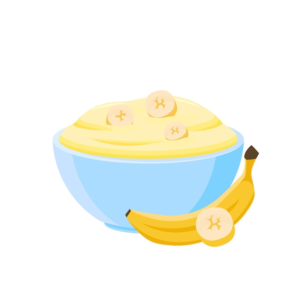 Banana Yogurt in a bowl cartoon vector illustration Banana yellow cream in a plate