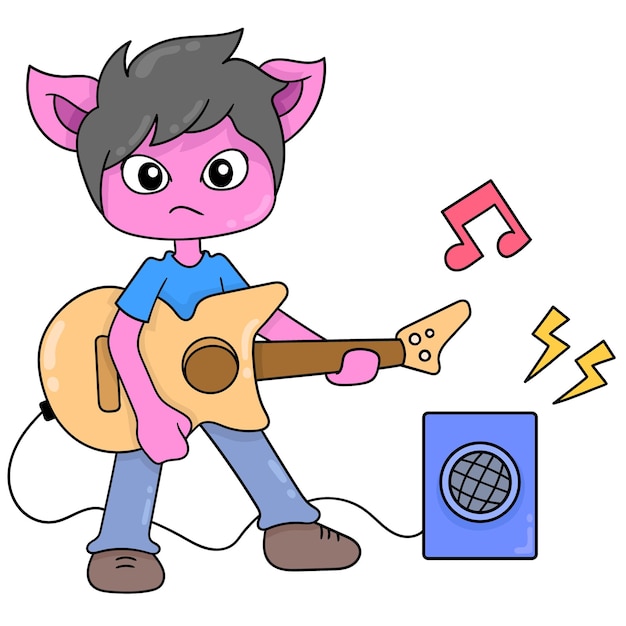 Band kitten playing music using guitar, vector illustration art. doodle icon image kawaii.