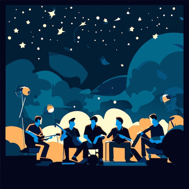 Vector a band sitting under the starry sky vector illustration flat 2