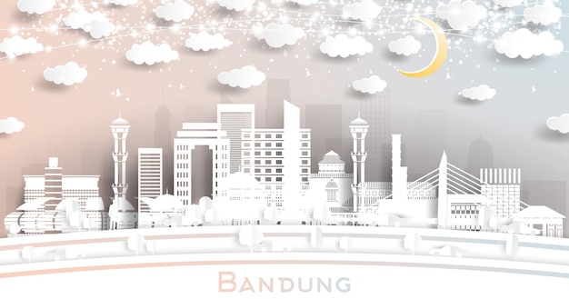 Bandung Indonesia City Skyline in Paper Cut Style with White Buildings Moon and Neon Garland