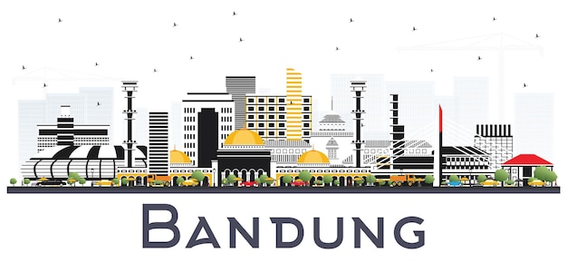 Bandung Indonesia City Skyline with Gray Buildings Isolated on White. Vector Illustration. Business Travel and Tourism Concept with Historic Architecture. Bandung Cityscape with Landmarks.