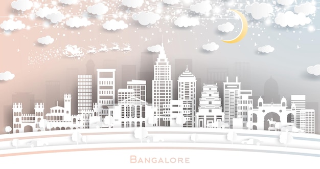 Bangalore India City Skyline in Paper Cut Style with Snowflakes, Moon and Neon Garland