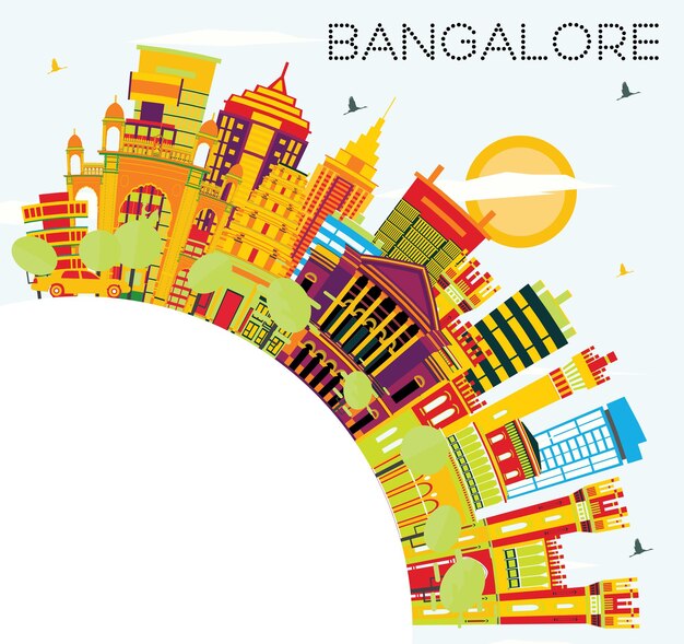 Bangalore Skyline with Color Buildings, Blue Sky and Copy Space. Vector Illustration. Business Travel and Tourism Concept with Historic Architecture.