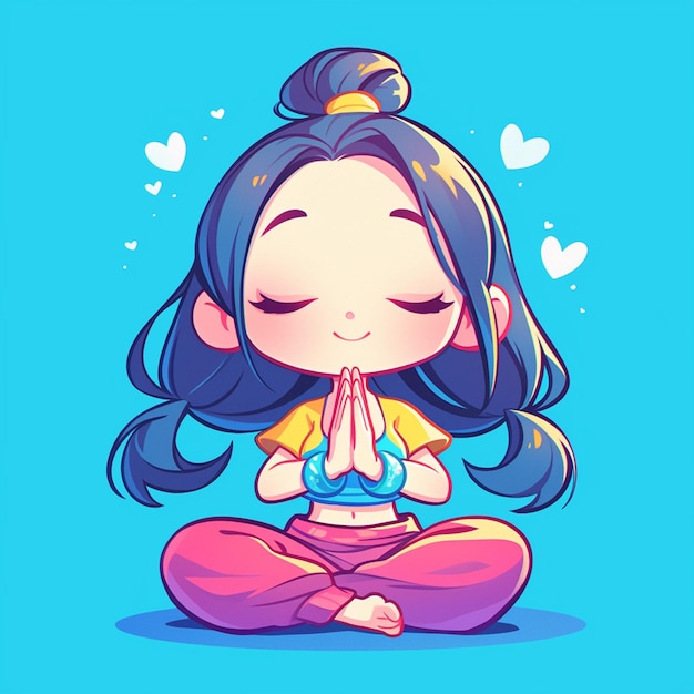 A Bangkok girl practices yoga in cartoon style