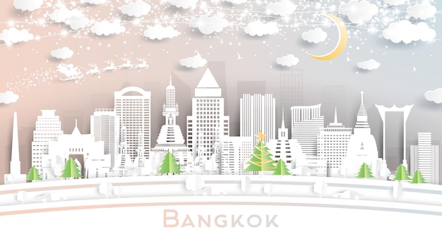 Bangkok Thailand City Skyline in Paper Cut Style with Snowflakes Moon and Neon Garland