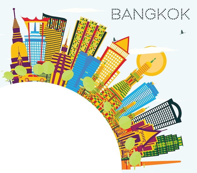 Bangkok Thailand Skyline with Color Landmarks, Blue Sky and Copy Space. Vector Illustration. Business Travel and Tourism Concept. Bangkok Cityscape with Landmarks.