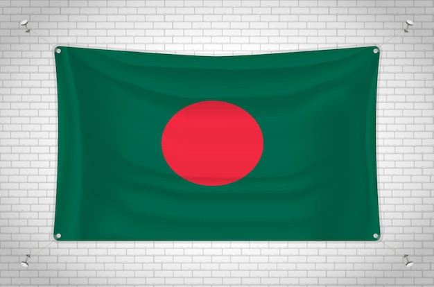 Bangladesh flag hanging on brick wall. 3D drawing. Flag attached to the wall.