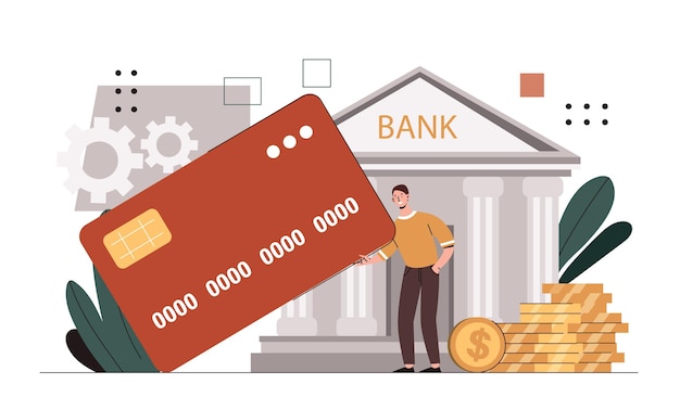 Bank account concept man with banking card near building and golden coins young guy with savings and