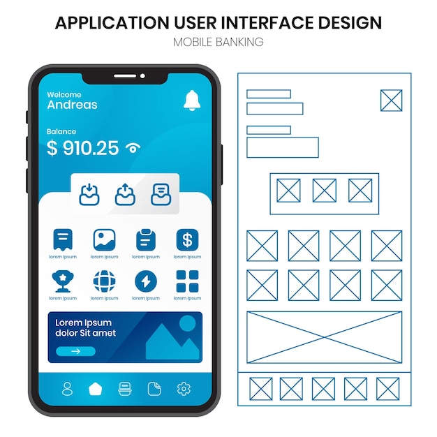 Bank application mobile user interface design and wireframe