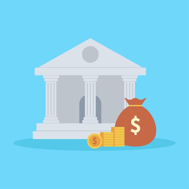 bank building and cash money isolated on blue background