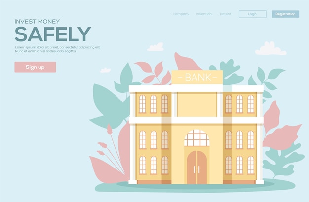 Bank building concept flyer, web banner, ui header, enter site.Modern illustration slider site page.
