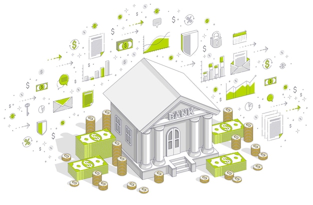 Bank building with cash money dollar pile and coin stack cartoon isolated over white background. Vector 3d isometric business illustration with icons, stats charts and design elements.