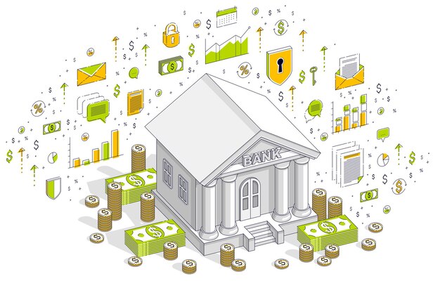 Bank building with cash money dollar pile and coin stack cartoon isolated over white background. Vector 3d isometric business illustration with icons, stats charts and design elements.