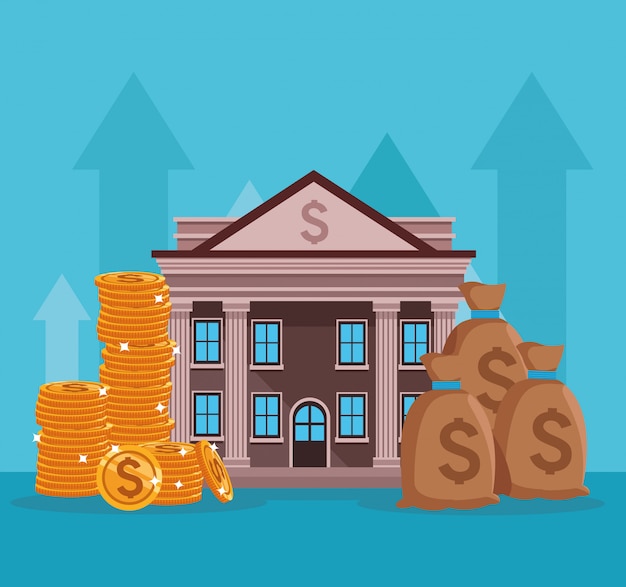 Bank building with money symbols